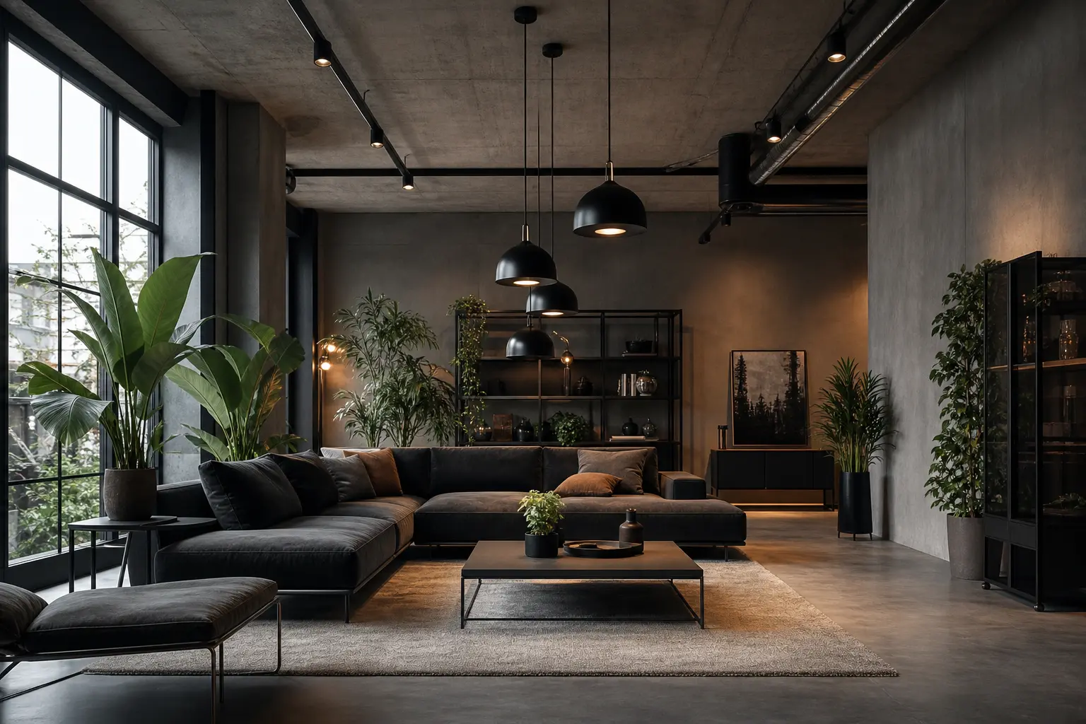 Modern Industrial Living Room Ideas with Indoor Plants