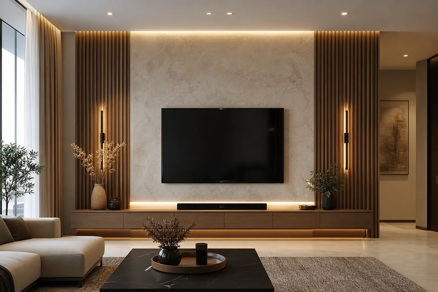 Luxury TV Wall Ideas with Fluted Wood Panels
