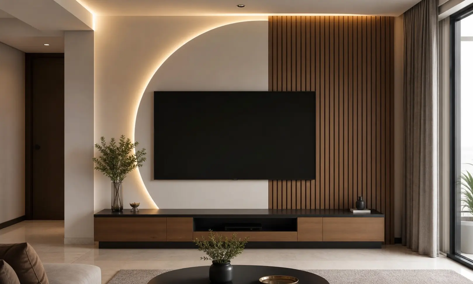 Modern TV Unit Wall Design Ideas with Semi-Circle Cove