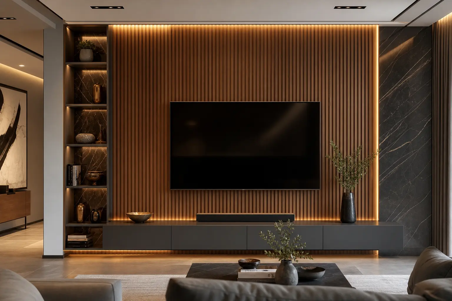 Luxury TV Wall Ideas with Fluted Wood Panels