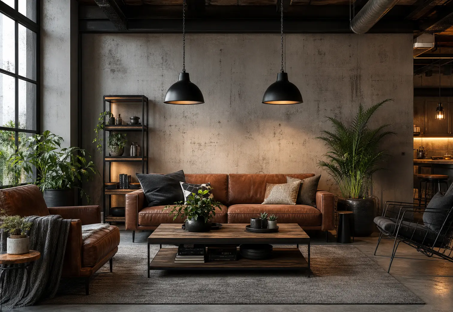 Modern Industrial Living Room Ideas with Indoor Plants