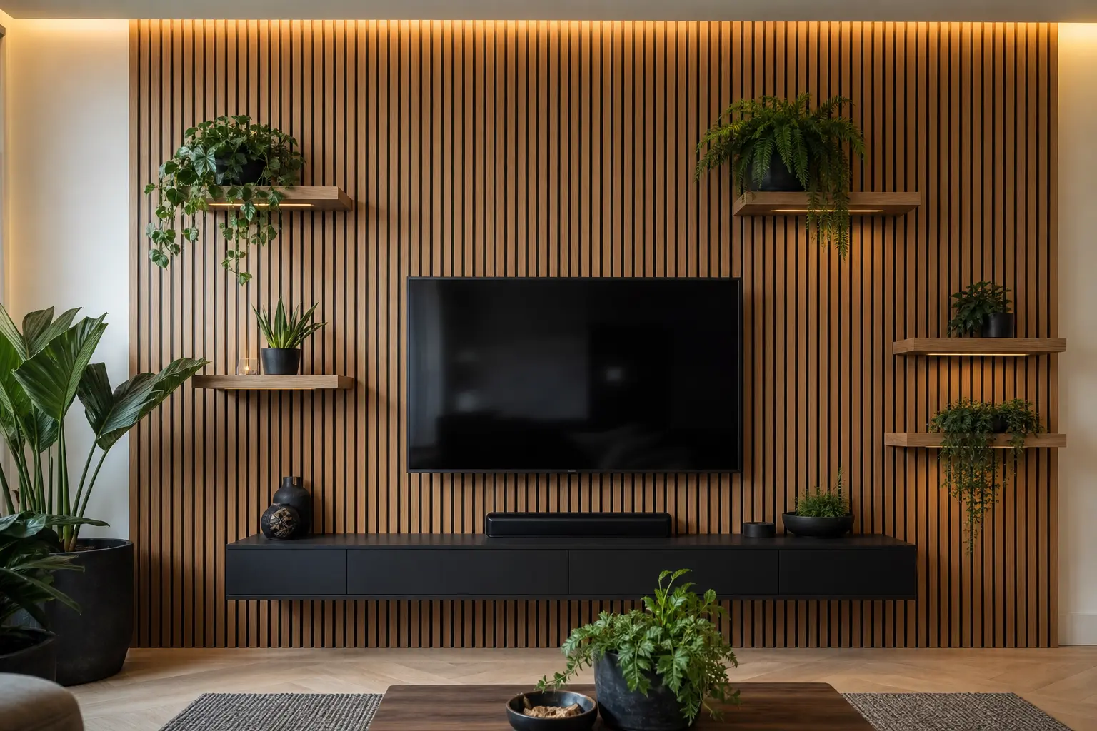 Modern Wooden Slat Wall Ideas with Floating Plant