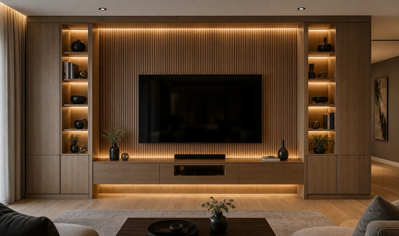 Luxury TV Wall Design Ideas with Wood Slat Panels