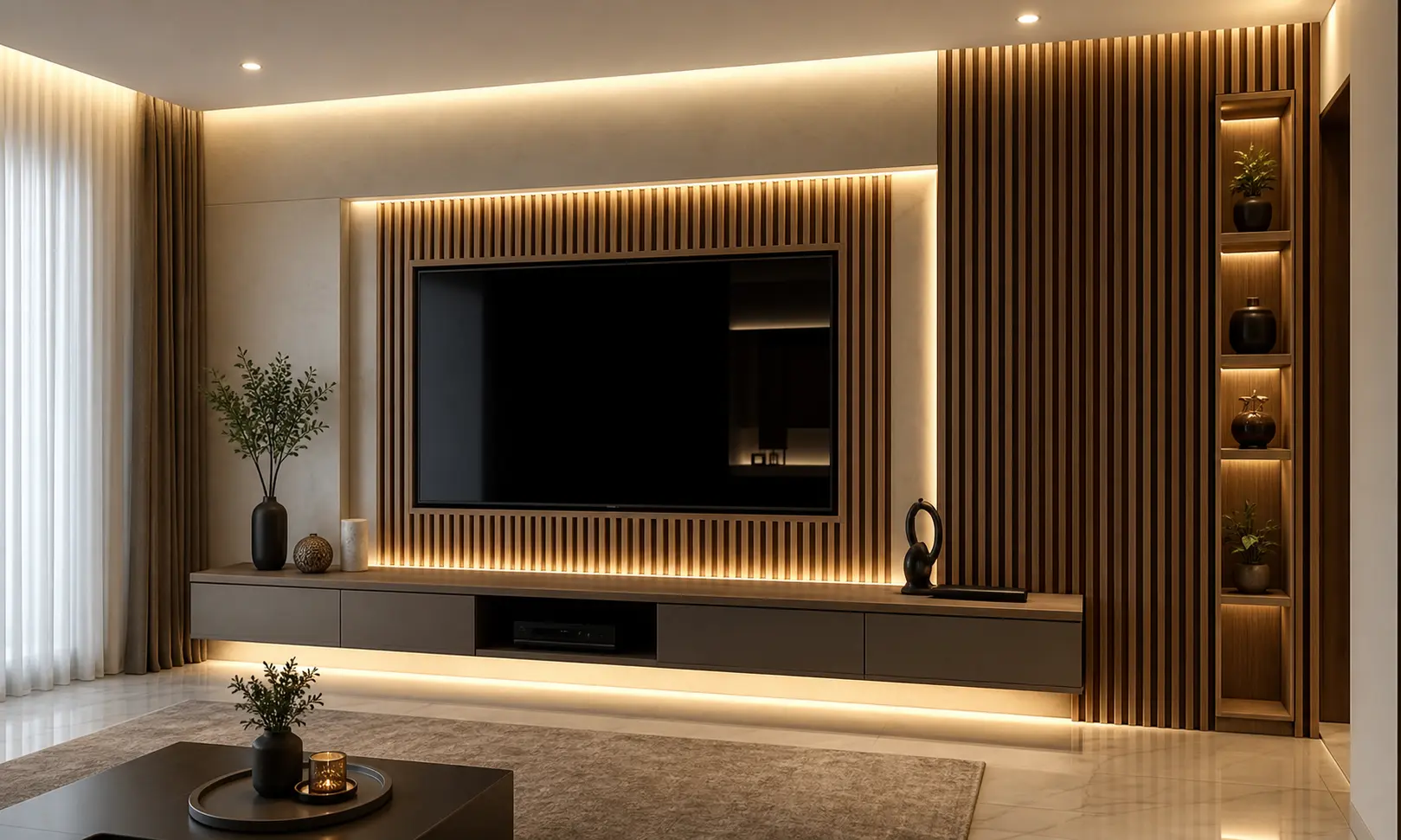 Luxury TV Wall Design Ideas with Wood Slat Panels