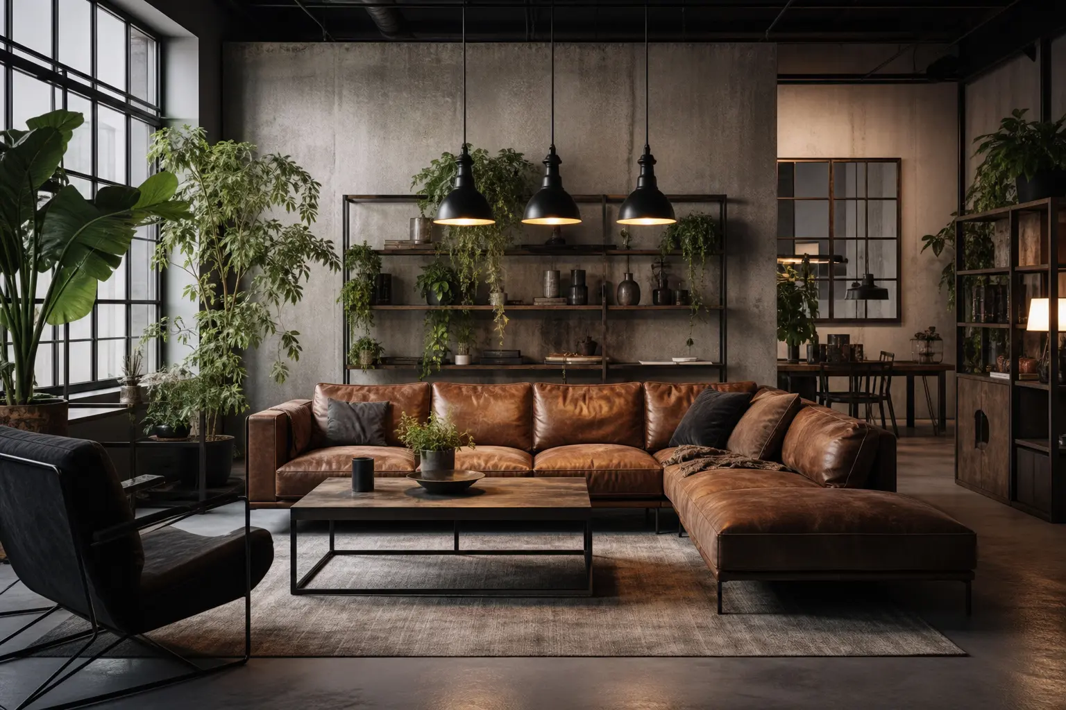 Modern Industrial Living Room Ideas with Indoor Plants