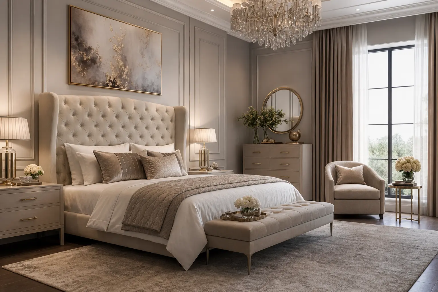 Luxury Neutral Bedroom Decor Ideas with Tufted Beds