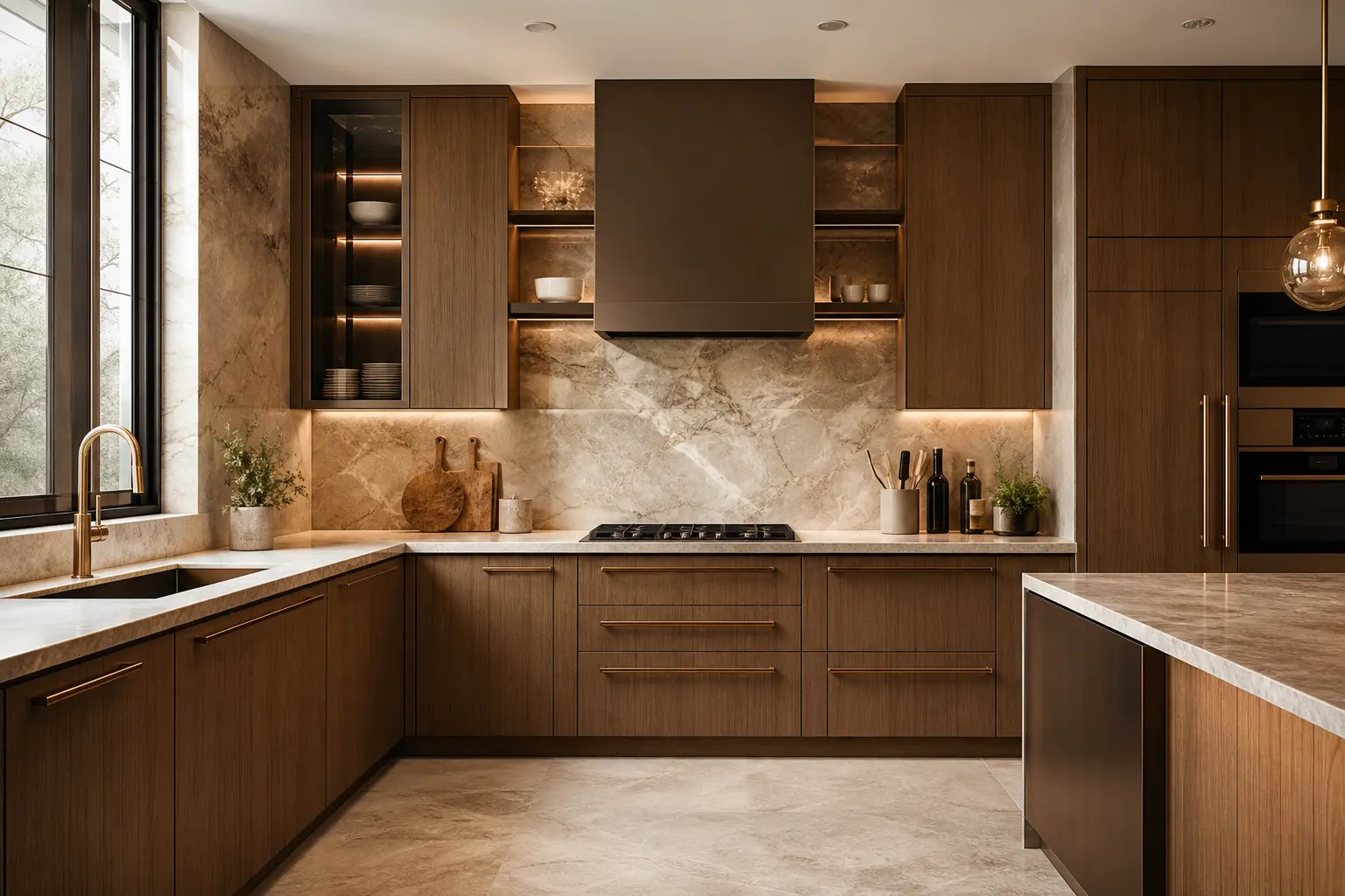 Modern L-Shaped Kitchen Ideas with Wood Cabinets