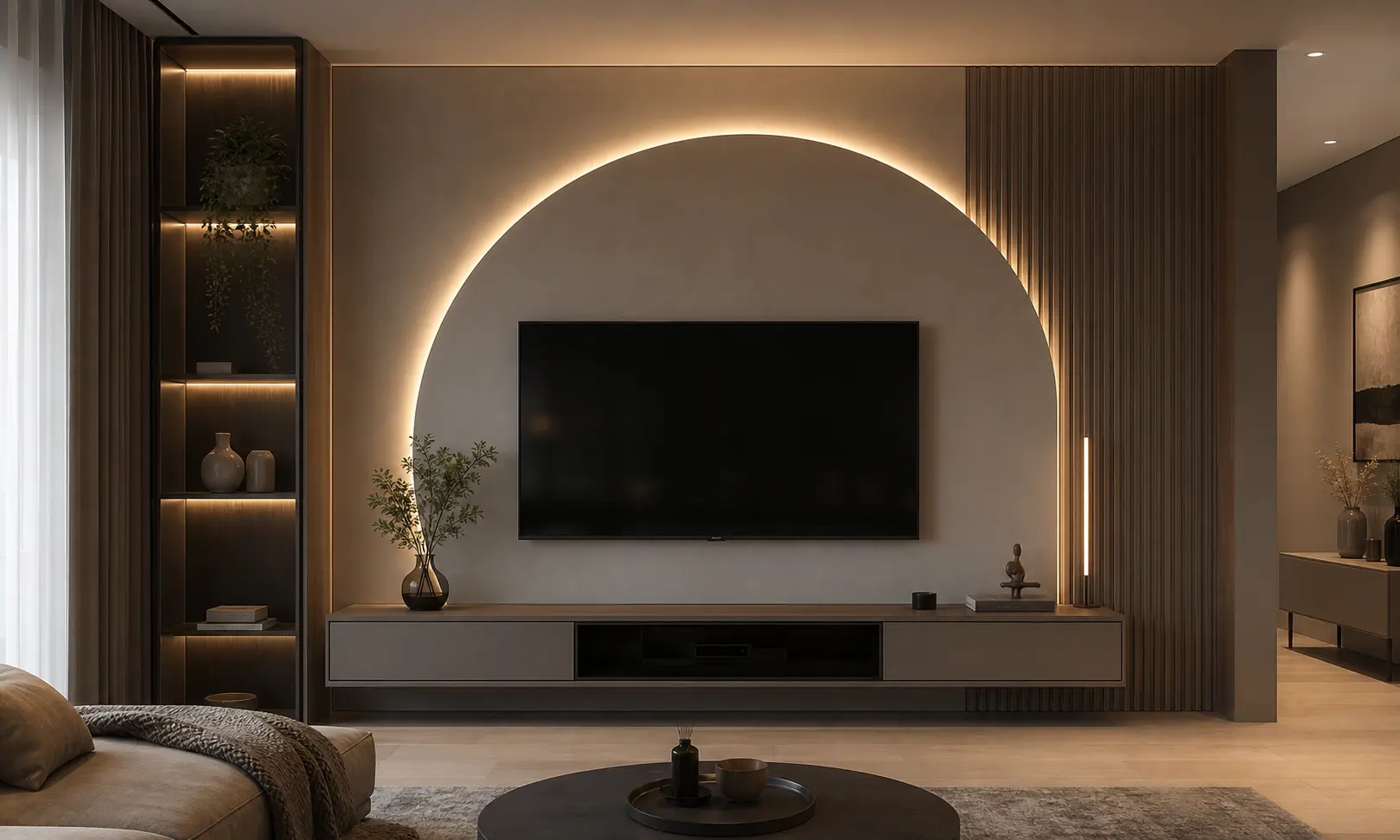 Modern TV Unit Wall Design Ideas with Semi-Circle Cove