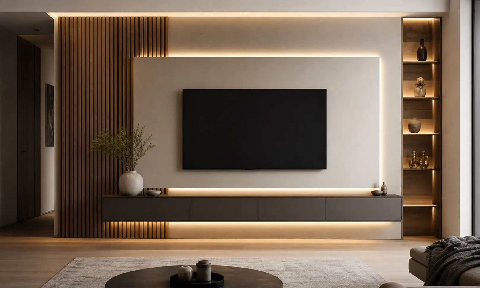 Luxury TV Wall Design Ideas with Wood Slat Panels