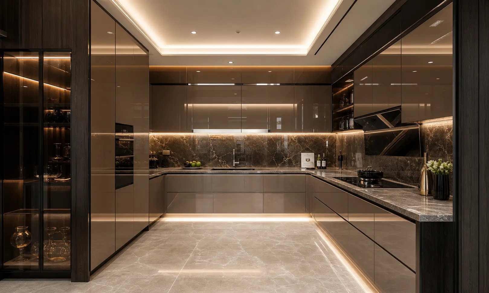 Luxury U-Shaped Kitchen Design Ideas with LED Lighting