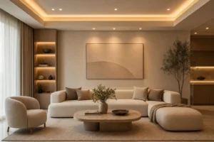 10 Modern Beige Minimalist Living Room Ideas With Cozy Neutral Decor and LED Ceiling Lighting