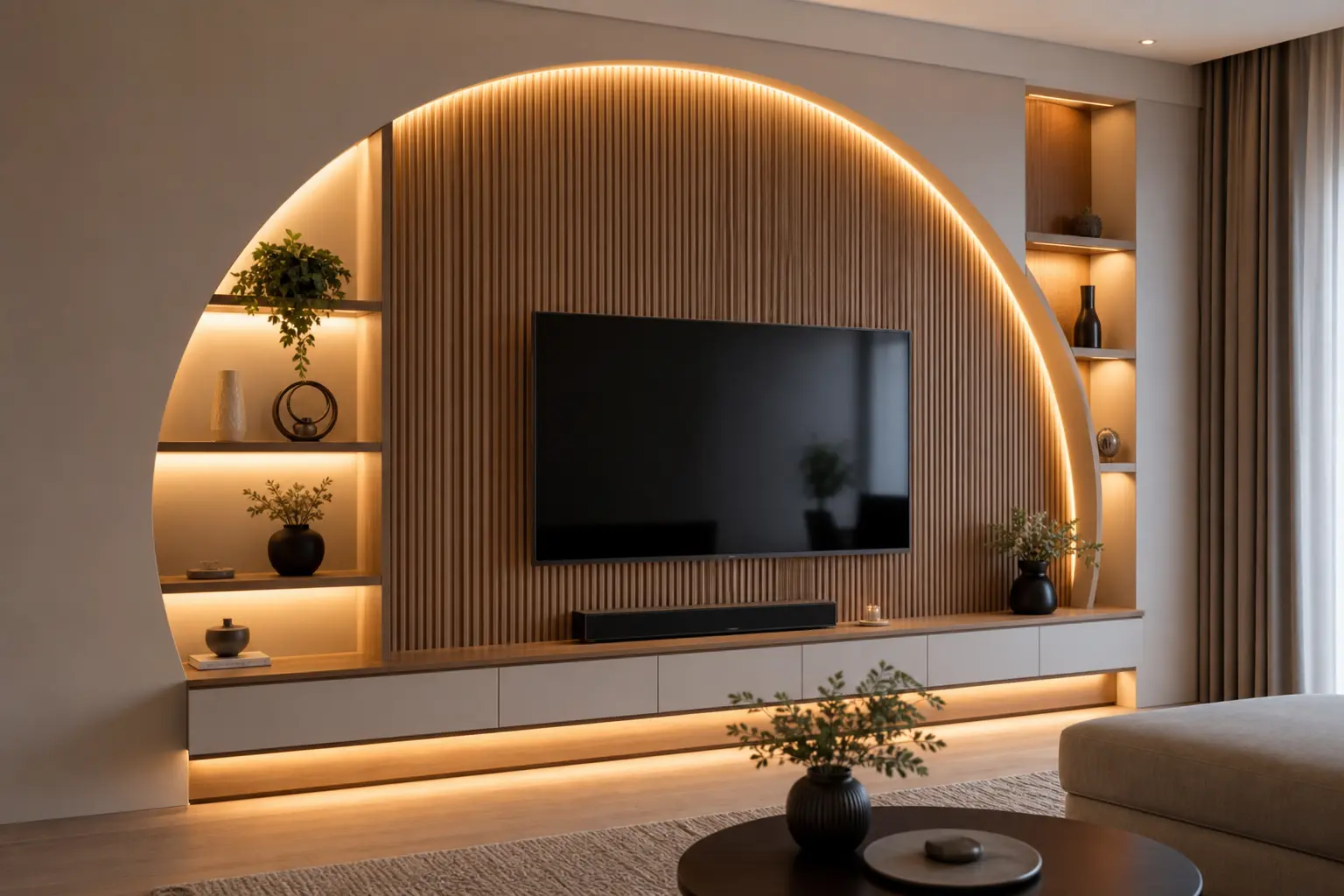 Modern TV Unit Wall Design Ideas with Semi-Circle Cove