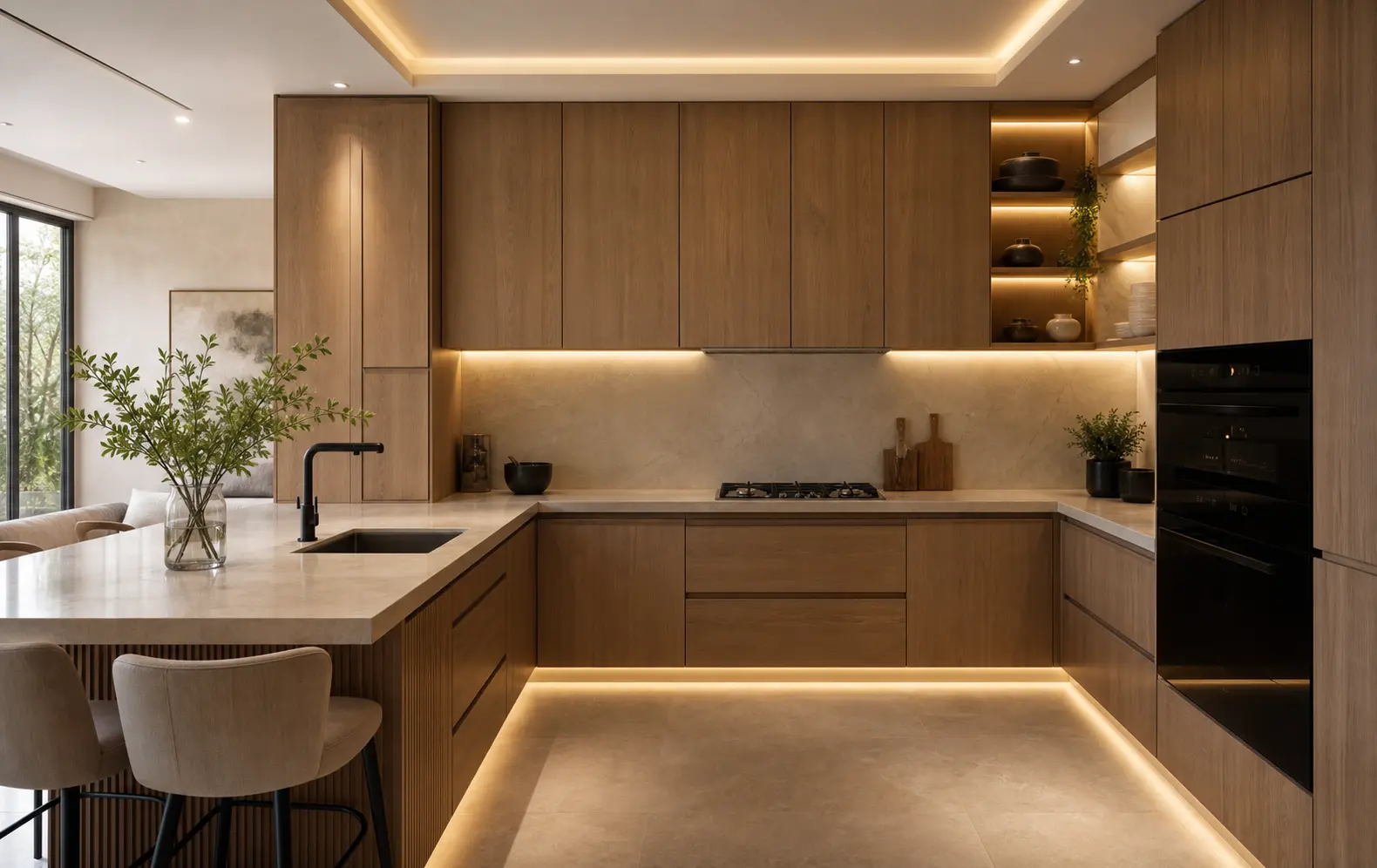 Modern L-Shaped Kitchen Ideas with Wood Cabinets
