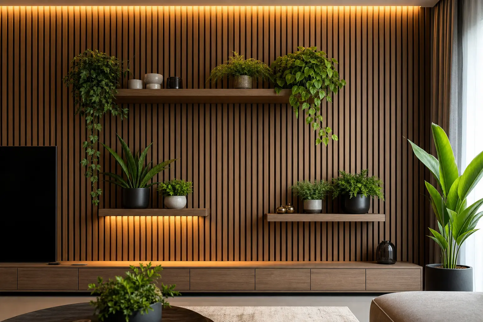 Modern Wooden Slat Wall Ideas with Floating Plant