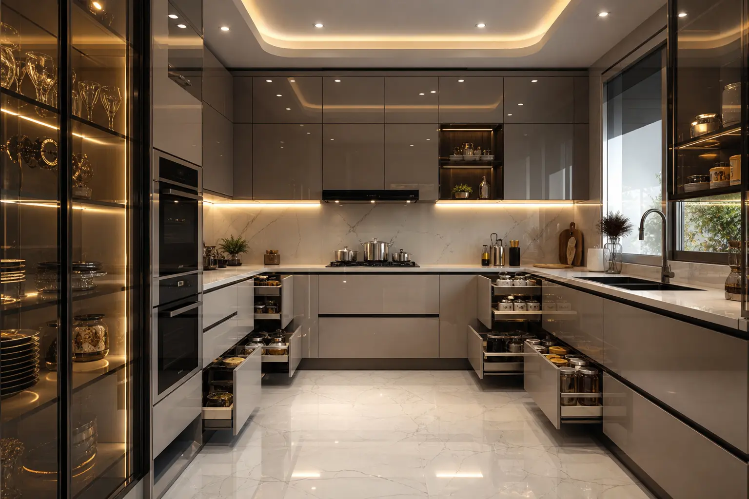 Luxury U-Shaped Kitchen Design Ideas with LED Lighting