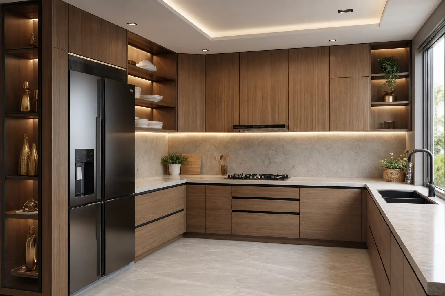 Modern L-Shaped Kitchen Ideas with Wood Cabinets