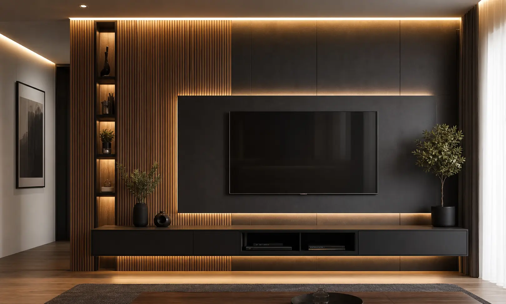 Luxury TV Wall Design Ideas with Wood Slat Panels