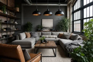 10 Modern Industrial Living Room Ideas with Indoor Plants & Black Pendant Lights