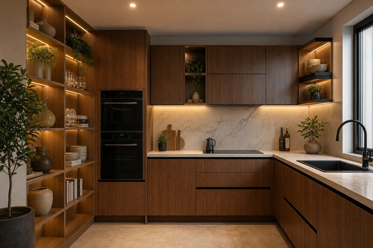 Modern L-Shaped Kitchen Ideas with Wood Cabinets
