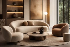 10 Modern Curved Sofa Living Room Design Ideas With Warm Ambient Lighting and Minimalist Luxury Inspiration