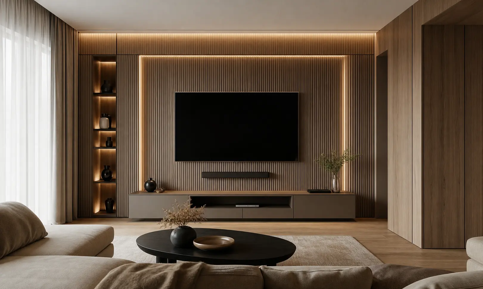 Luxury TV Wall Ideas with Fluted Wood Panels