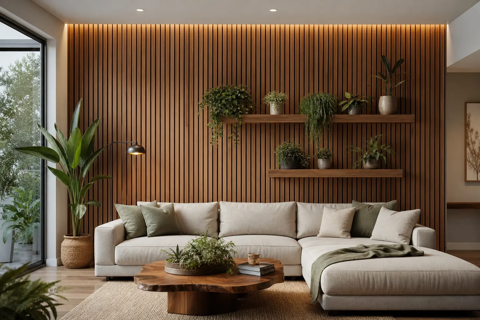 Modern Wooden Slat Wall Ideas with Floating Plant