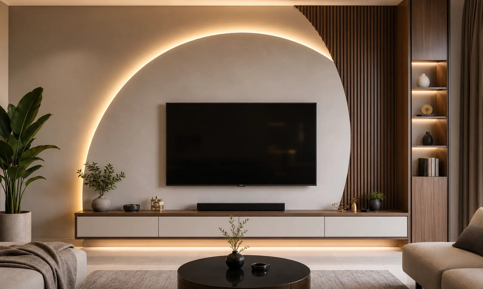 Modern TV Unit Wall Design Ideas with Semi-Circle Cove