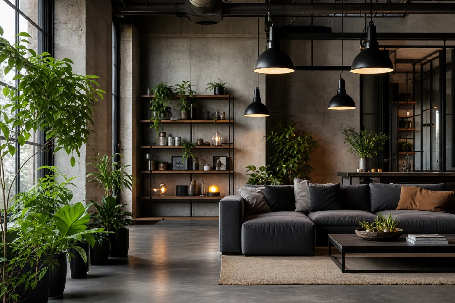Modern Industrial Living Room Ideas with Indoor Plants