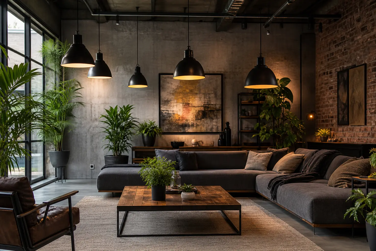 Modern Industrial Living Room Ideas with Indoor Plants