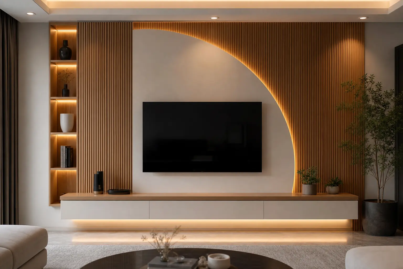 Modern TV Unit Wall Design Ideas with Semi-Circle Cove