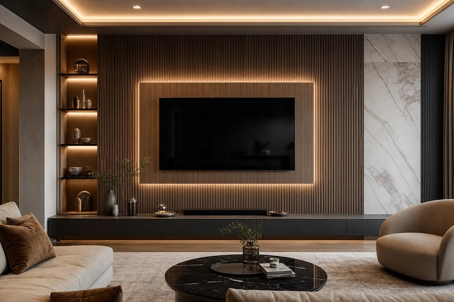 Luxury TV Wall Ideas with Fluted Wood Panels