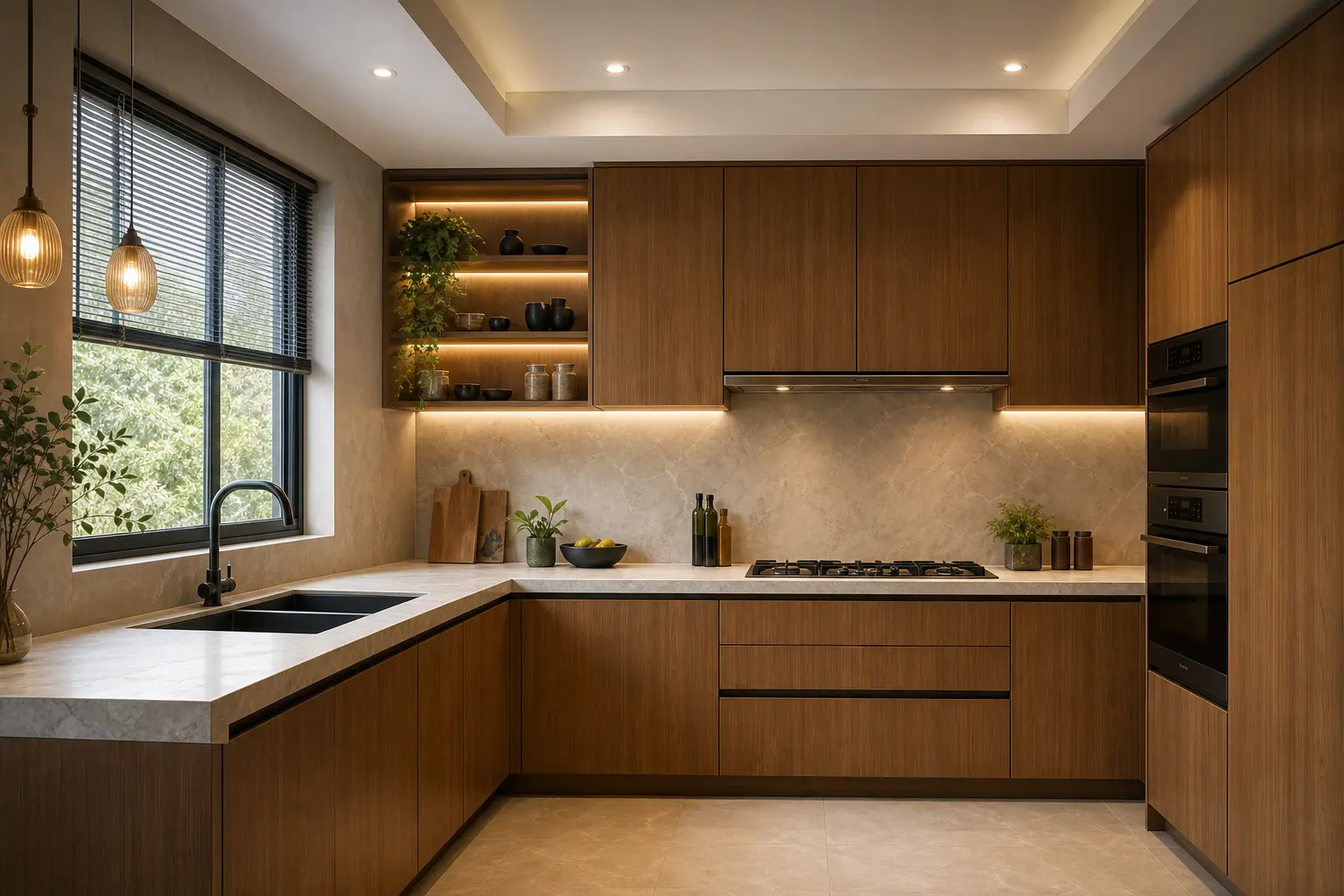 Modern L-Shaped Kitchen Ideas with Wood Cabinets