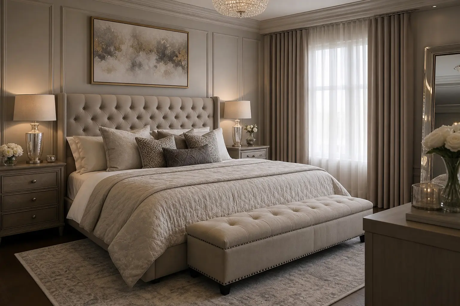 Luxury Neutral Bedroom Decor Ideas with Tufted Beds