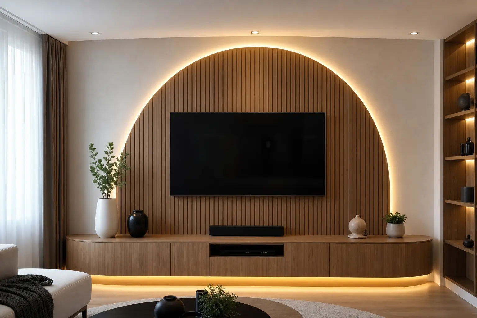 Modern TV Unit Wall Design Ideas with Semi-Circle Cove