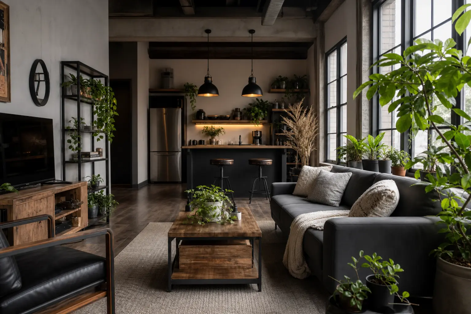 Modern Industrial Living Room Ideas with Indoor Plants