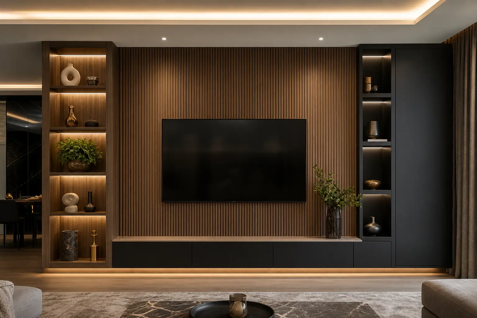 Luxury TV Wall Ideas with Fluted Wood Panels
