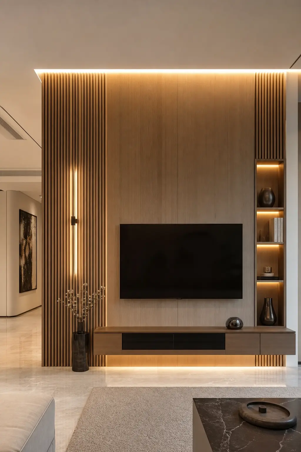 Luxury TV Wall Design Ideas with Wood Slat Panels
