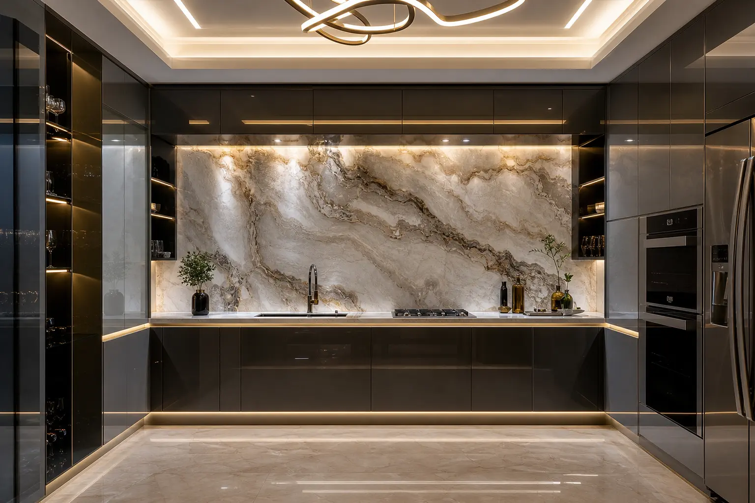 Luxury U-Shaped Kitchen Design Ideas with LED Lighting