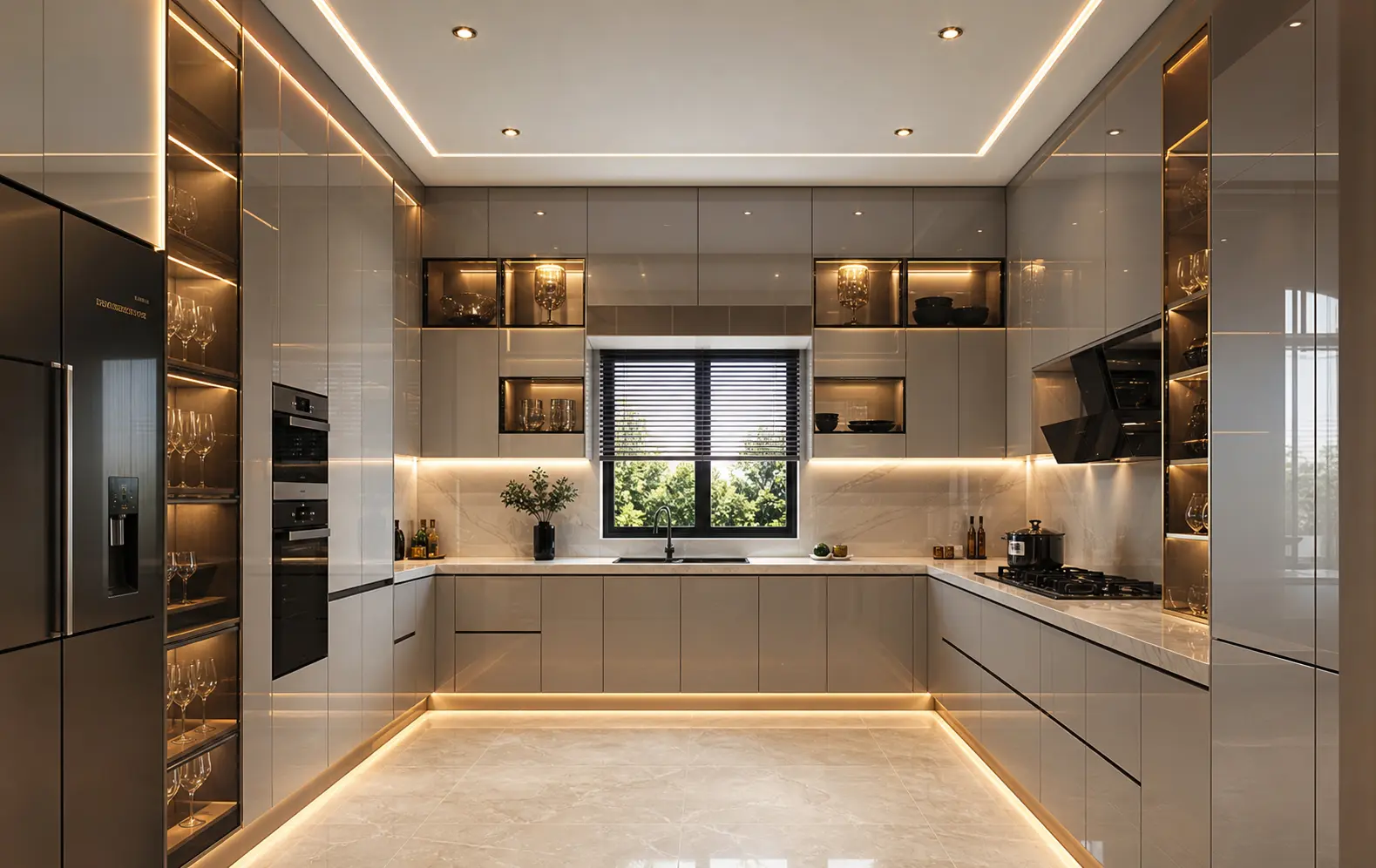 Luxury U-Shaped Kitchen Design Ideas with LED Lighting