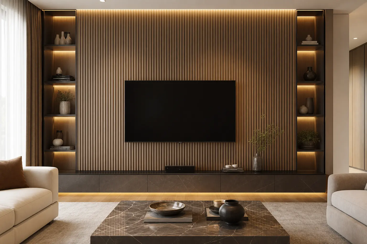 Luxury TV Wall Ideas with Fluted Wood Panels