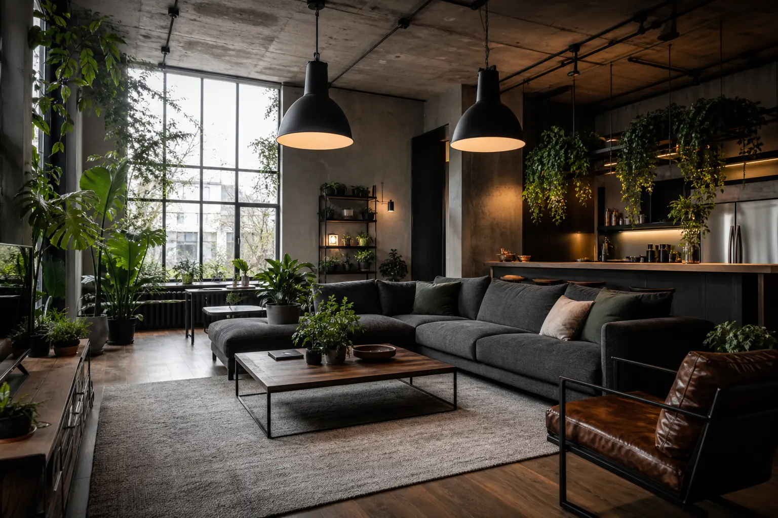 Modern Industrial Living Room Ideas with Indoor Plants