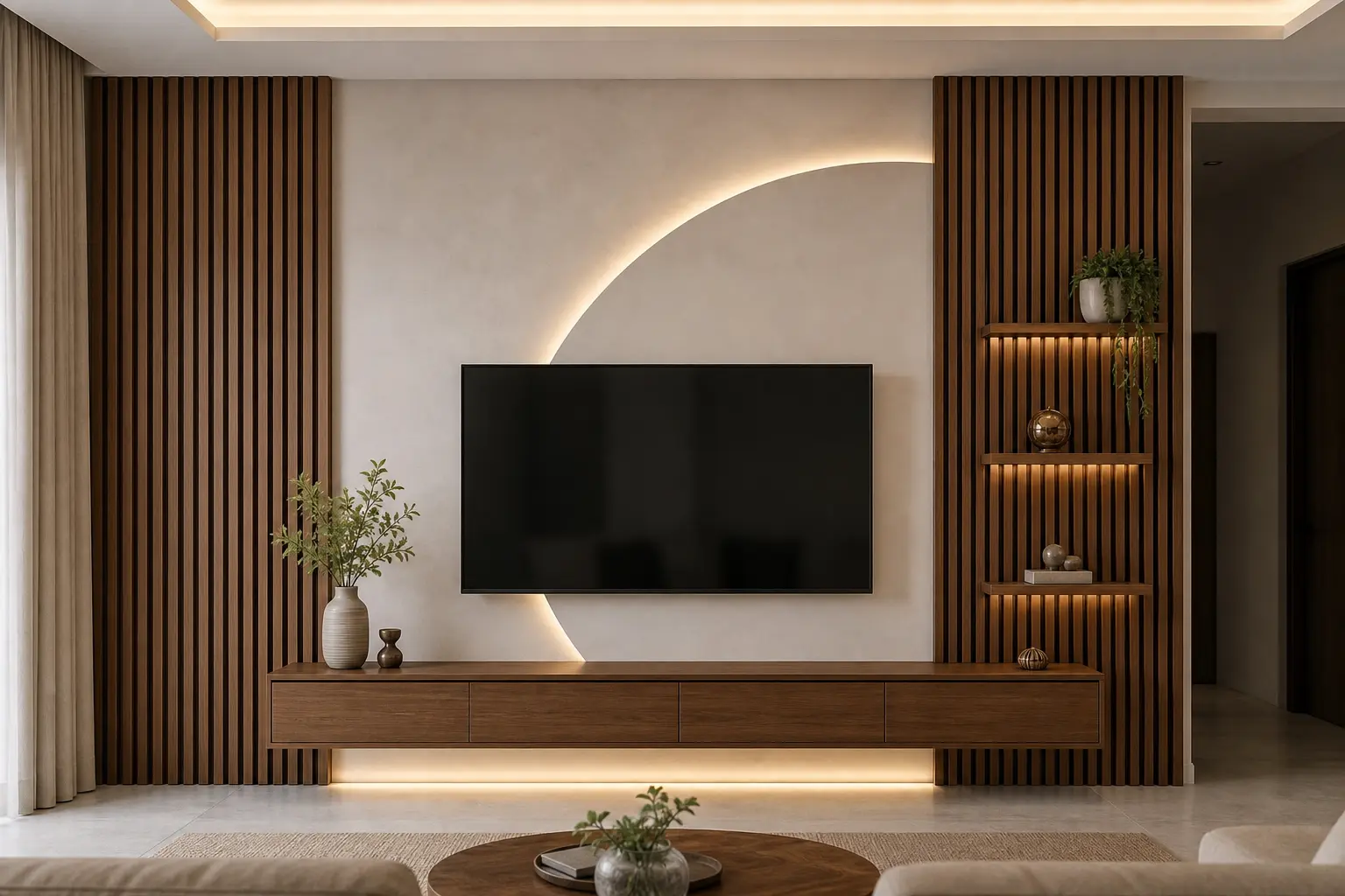 Modern TV Unit Wall Design Ideas with Semi-Circle Cove