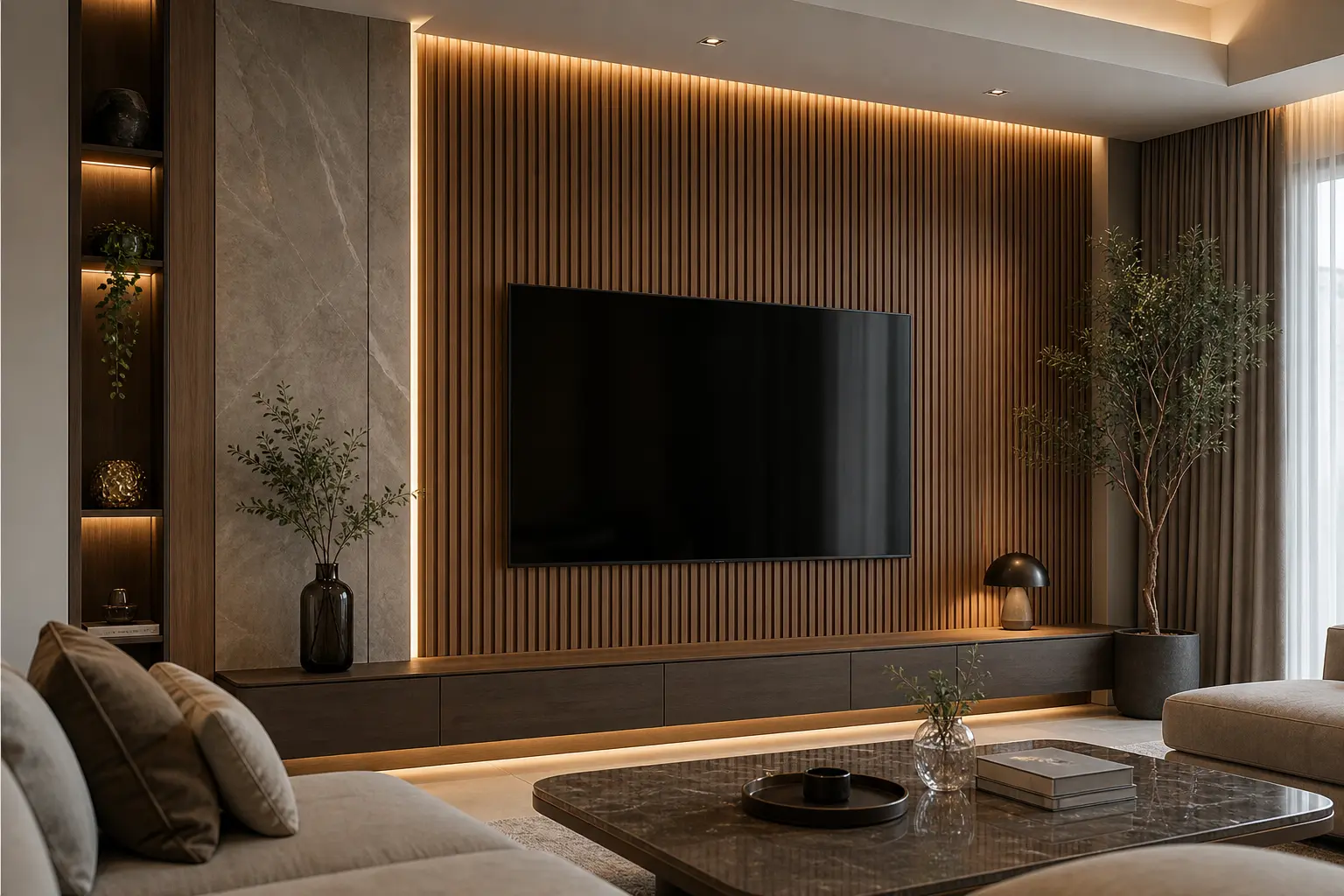 Luxury TV Wall Ideas with Fluted Wood Panels